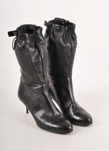 Black Leather Low Heel Gathered Bow Boots