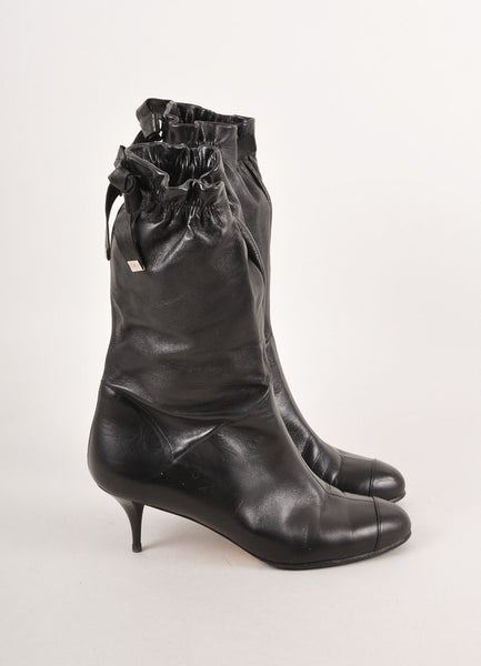 Black Leather Low Heel Gathered Bow Boots