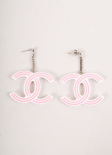 Pink and White Striped "CC" Plastic Dangling Earrings