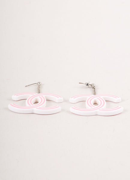 Pink and White Striped "CC" Plastic Dangling Earrings