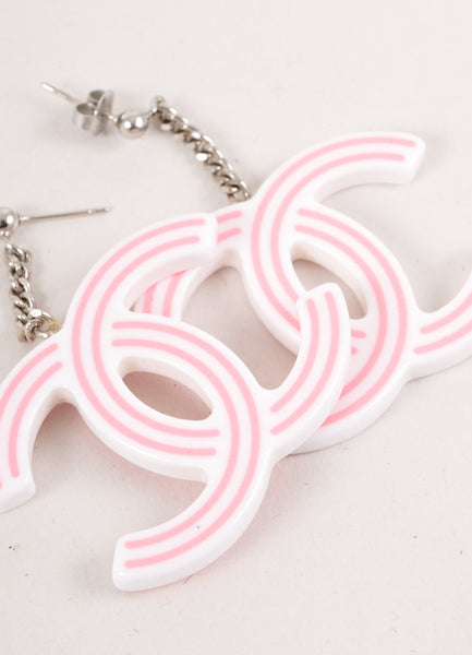 Pink and White Striped "CC" Plastic Dangling Earrings