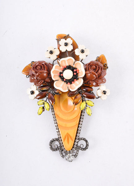 Tan, Cream, and Yellow Embellished Flower Basket Brooch