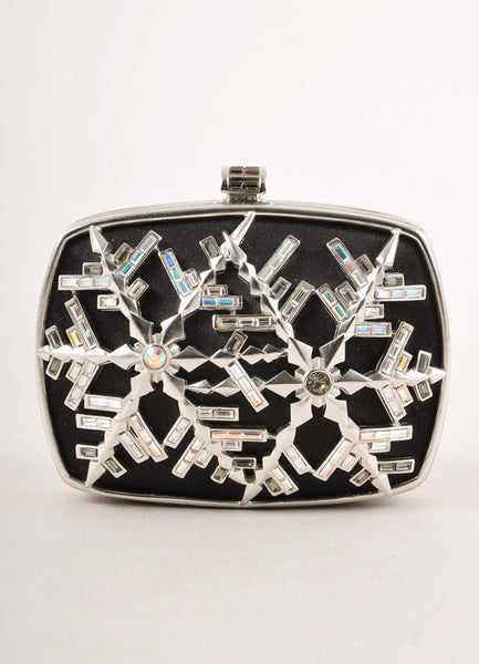 New With Tags Black and Silver Crystal Embellished Snowflake Satin Clutch