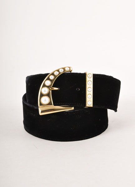 Black Velvet Belt With Faux Pearl Buckle