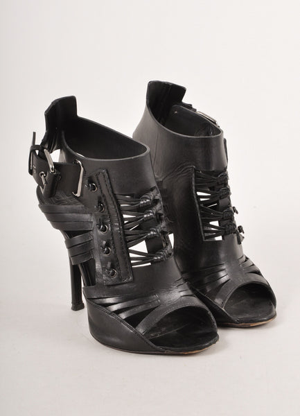 Black Strappy Leather Gladiator Buckled Open Toe Booties