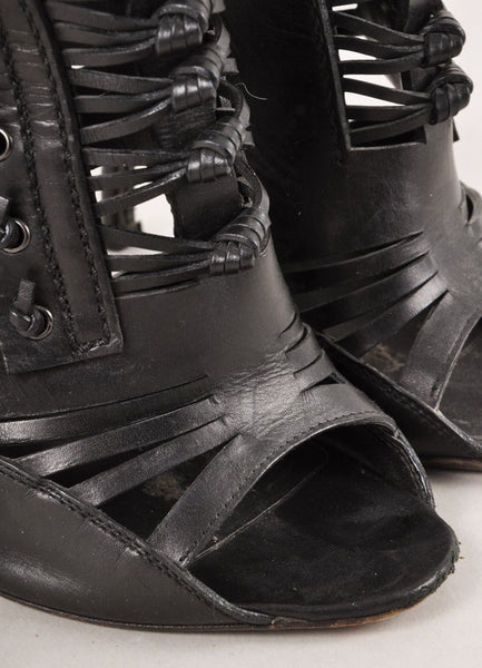 Black Strappy Leather Gladiator Buckled Open Toe Booties