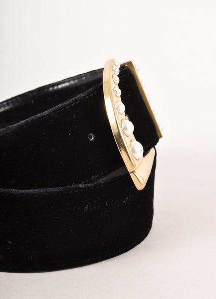 Black Velvet Belt With Faux Pearl Buckle