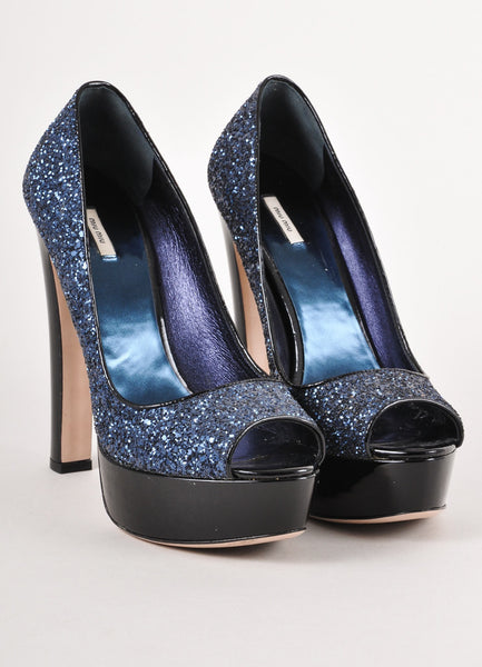 Black and Navy Glitter Peep Toe Leather Platform Pumps