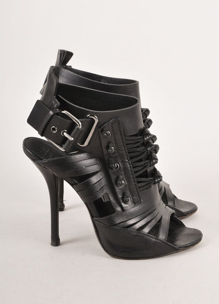 Black Strappy Leather Gladiator Buckled Open Toe Booties