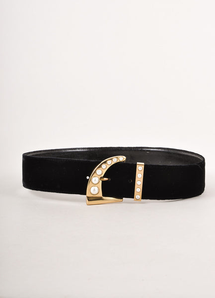 Black Velvet Belt With Faux Pearl Buckle