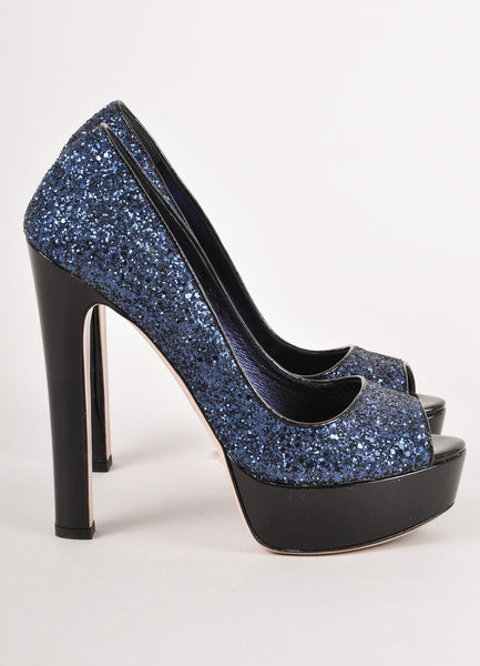 Black and Navy Glitter Peep Toe Leather Platform Pumps