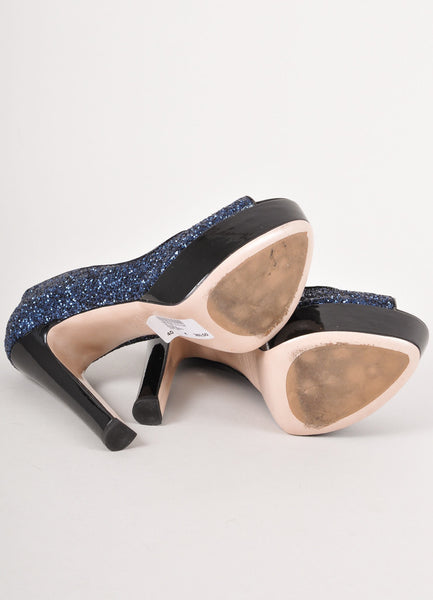 Black and Navy Glitter Peep Toe Leather Platform Pumps