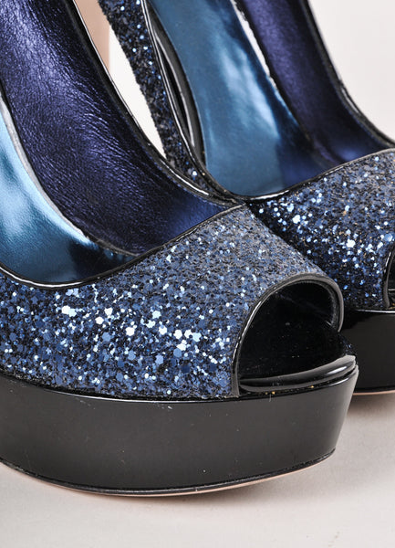 Black and Navy Glitter Peep Toe Leather Platform Pumps