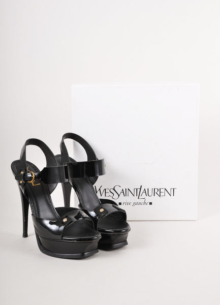 Black and Gold Patent Leather Platform Sandal Heels