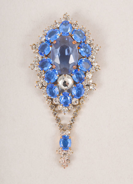 Blue and Clear Rhinestone and Crystal Embellished Drop Detail Pin Brooch