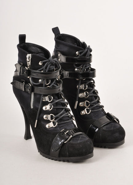 Black and Silver Lace Up Buckle and Zip High Heel Ankle Boots