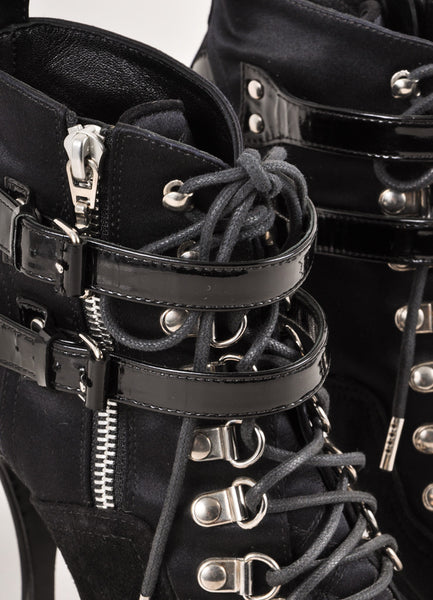 Black and Silver Lace Up Buckle and Zip High Heel Ankle Boots