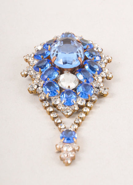 Blue and Clear Rhinestone and Crystal Embellished Drop Detail Pin Brooch