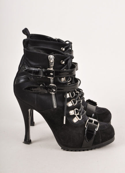 Black and Silver Lace Up Buckle and Zip High Heel Ankle Boots