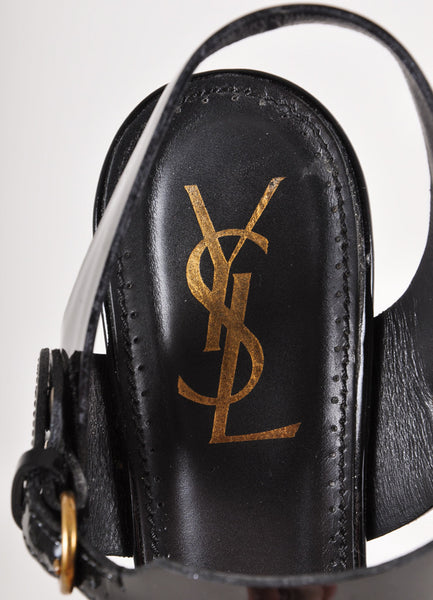 Black and Gold Patent Leather Platform Sandal Heels
