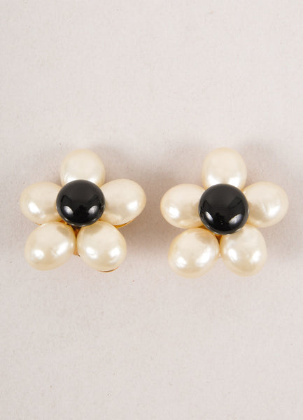 Cream and Black Pearl and Stone Large Flower Clip On Earrings