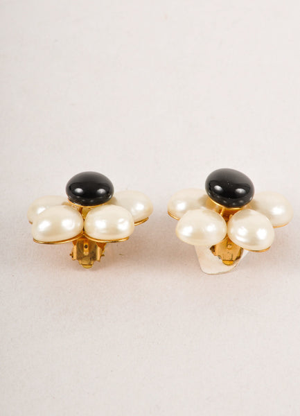 Cream and Black Pearl and Stone Large Flower Clip On Earrings