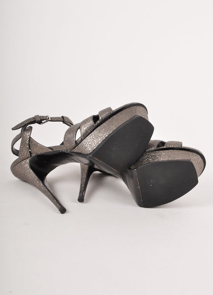 Silver Metallic Textured Leather Sandal Heels