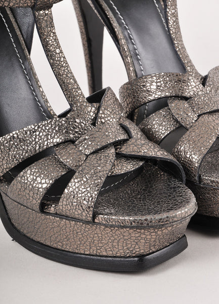 Silver Metallic Textured Leather Sandal Heels