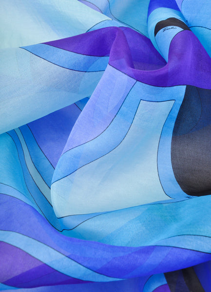 Multicolor Blue Semi Sheer Silk Organza Printed Scarf