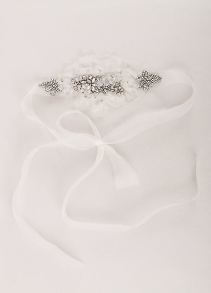 White Rhinestone Embellished Tulle Bridal Sash Belt