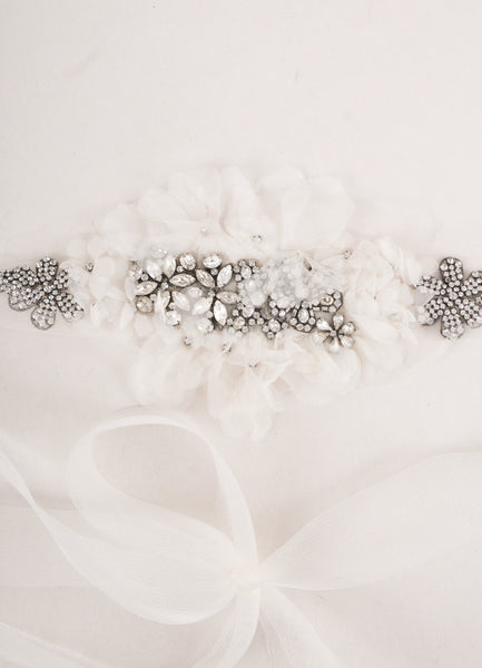 White Rhinestone Embellished Tulle Bridal Sash Belt