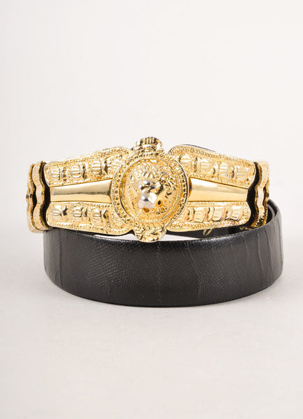 Black Leather Belt With Gold Toned Textured Lion Buckle