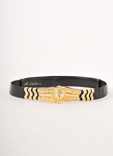 Black Leather Belt With Gold Toned Textured Lion Buckle