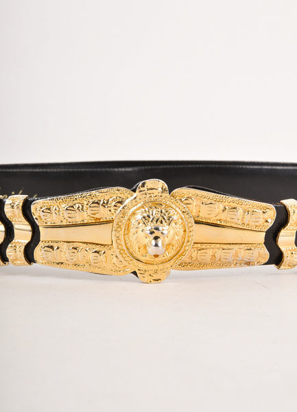 Black Leather Belt With Gold Toned Textured Lion Buckle