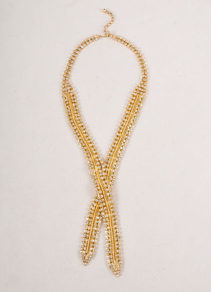 Vintage Gold Toned and Clear Row Rhinestone Crossover Bib Necklace