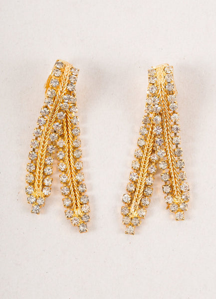Vintage Gold Toned and Clear Row Rhinestone Crossover Earrings