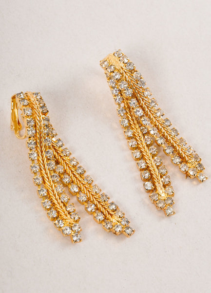 Vintage Gold Toned and Clear Row Rhinestone Crossover Earrings