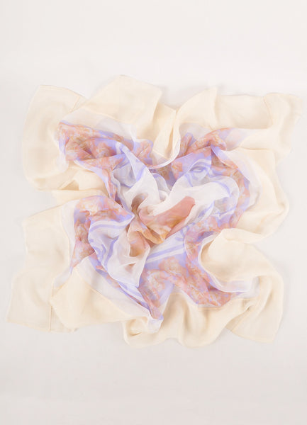 Cream and Multicolor Sheer Silk Floral Print Scarf