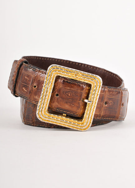 Brown and Gold Crocodile Belt With Textured Buckle