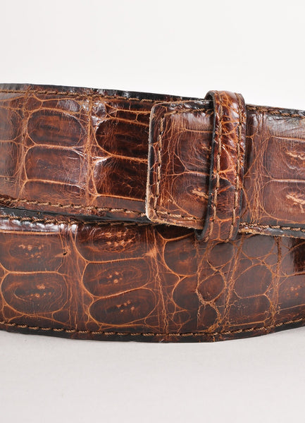 Brown and Gold Crocodile Belt With Textured Buckle