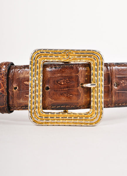 Brown and Gold Crocodile Belt With Textured Buckle