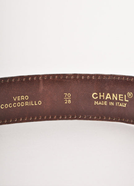 Brown and Gold Crocodile Belt With Textured Buckle