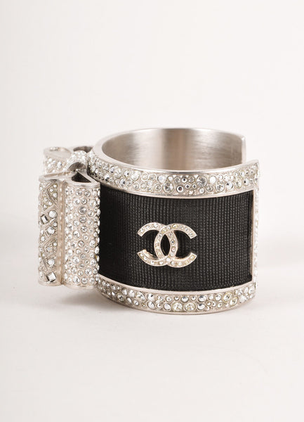 Black and Silver Toned Rhinestone Embellished "CC" Bow Cuff