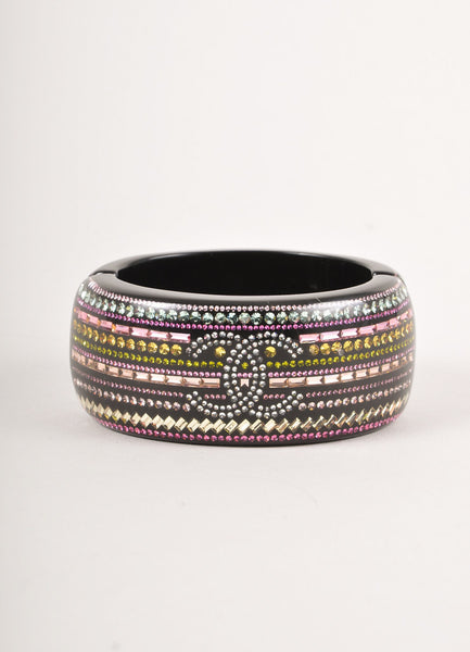 Black and Multicolor Stone "CC" Hinged Bangle Bracelet