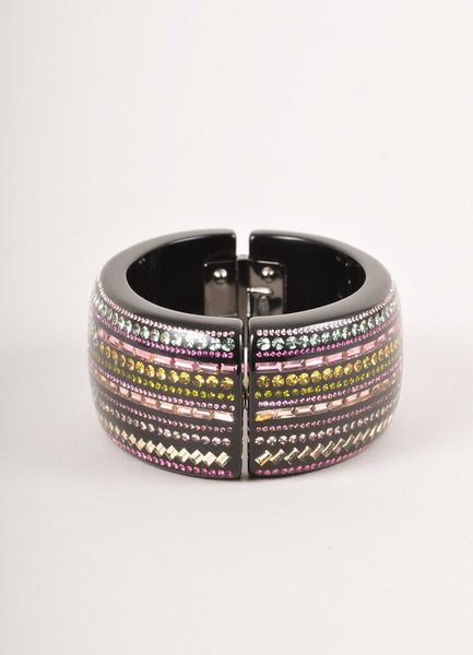 Black and Multicolor Stone "CC" Hinged Bangle Bracelet