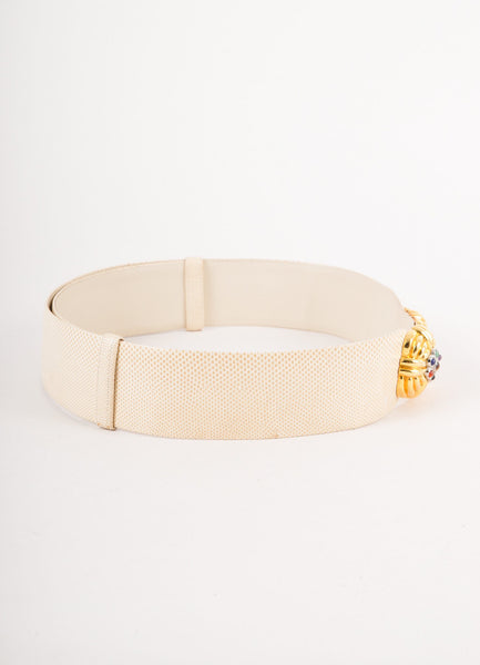 Cream Snakeskin Adjustable Belt with Embellished Buckle