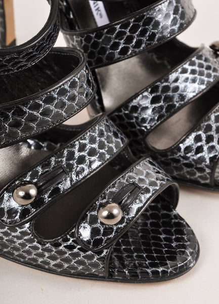 Black and Silver Reptile Leather Sandal Heels