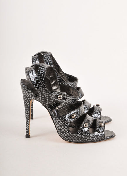 Black and Silver Reptile Leather Sandal Heels