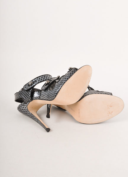 Black and Silver Reptile Leather Sandal Heels