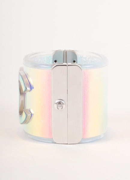 Silver Toned and Glitter Iridescent Hologram "CC" Hinged Cuff Bracelet